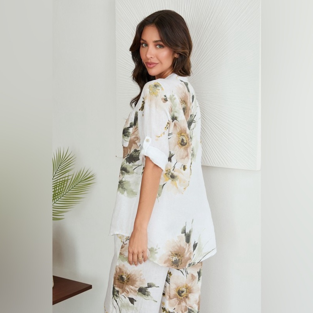(9899-MAGNOLIA-WHT) BUTTON DOWN MAGNOLIA FLOWERS PRINT LINEN TOP - Picture 3 of 4